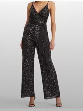 NWT: Sequin V-neck Tie Waist Wide leg Jumpsuit, Black, Medium